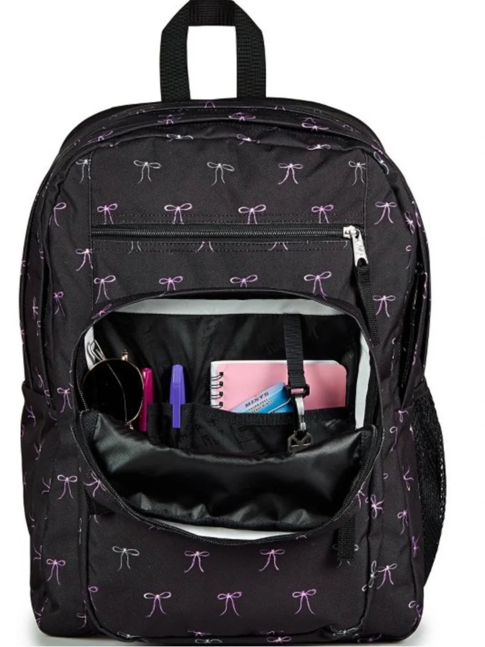 Jansport Big Student Cargo 17.5 backpack black with bows fits 15” laptop NWT